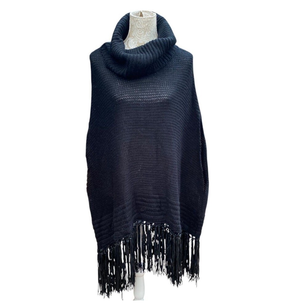 Ashley Stewart Black Faux Leather Trim Fringe Hem Knit Turtleneck Tunic/Poncho